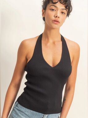NEW Double Zero Black Ribbed Halter Tank Top Fitted Stretch Minimal Size Medium